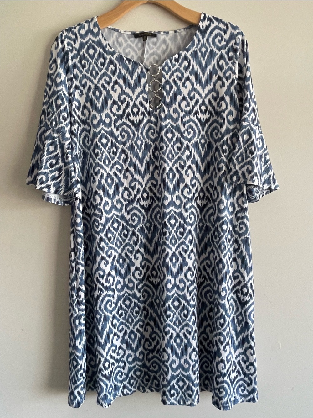 Blue and White Ikat Midi Dress with Ring Detail